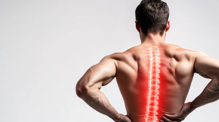rear view of a man highlighting the spine in red, possibly indicating pain or a medical condition.の素材