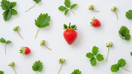 A simple flat lay of strawberries with leaves and buds scattered on a plain surface, shot from above.の素材