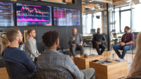 A group of investors analyze stock market trends in a meeting. They are discussing financial charts and investment strategies for the future.の素材