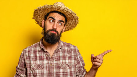 a farmer in a straw hat with a beard is pointing to the right on a yellow background, looking pensive and thoughtful about something interestingの素材