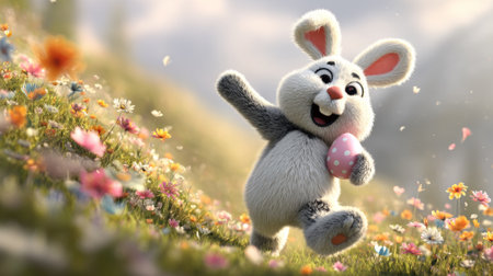A cheerful easter bunny hops through a field of flowers holding a decorated egg, celebrating the arrival of spring and the easter holiday.の素材