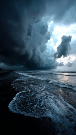 A dramatic seascape featuring dark storm clouds over ocean waves crashing on a beach. Moody and atmospheric nature photography. Serene yet ominous scene.の素材