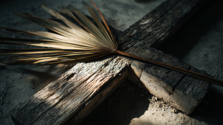 a rustic wooden cross is adorned with a dried palm leaf, captured in a still life photograph showcasing texture and artistic detail for backgroundsの素材
