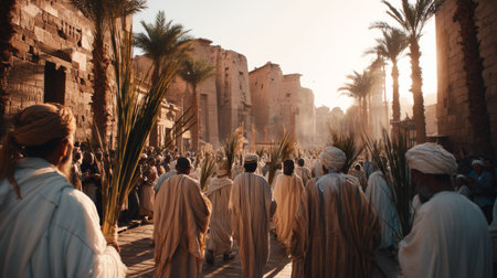 a captivating scene of an ancient Egyptian procession, with people walking among palm trees, showcasing rich culture, history, and architectural heritageの素材