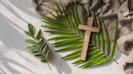A serene palm sunday image featuring a wooden cross, vibrant green leaves, and soft beige fabric, evoking faith, hope, and easter celebration.の素材