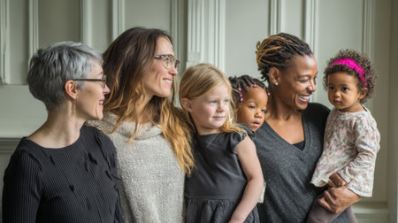 A diverse family portrait featuring two mothers with their children, showcasing multigenerational love, togetherness, and happiness in a warm setting. 130の素材
