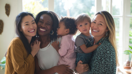 a heartwarming portrait of a diverse family, showcasing two loving mothers with their children, radiating happiness, love and togetherness at homeの素材