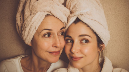 A mother and daughter are enjoying a spa day at home. They are wearing towel head wraps and smiling, showcasing a beautiful bonding moment together.の素材