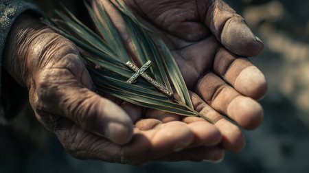 a close up of aged hands holding a cross on a palm leaf, symbolizing faith, religion, and the christian easter concept of hope and devotionの素材