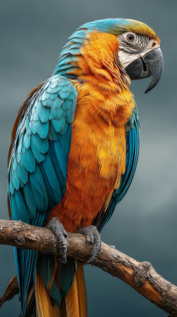 a vibrant blue and gold macaw perched gracefully on a branch showcases nature's beauty with its colorful plumage in this captivating portrait.の素材