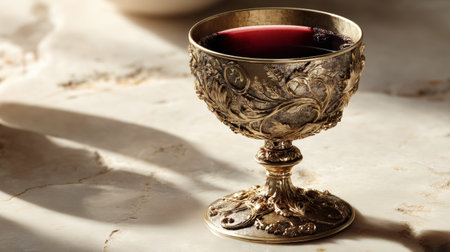 a stunning antique golden goblet filled with red wine remains on a marble surface, radiating luxury and elegance in a still life photographの素材