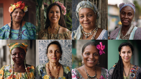 A collection of diverse women portraits showcasing their cultural heritage and traditional clothing in a Colombian style. Their beauty shines through.の素材