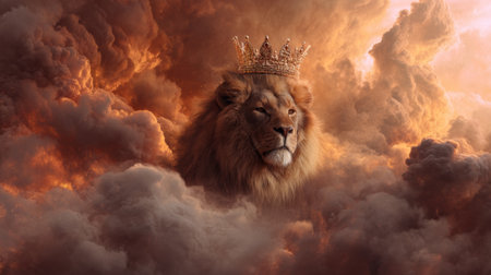 Lion king with crown in the clouds. 3d illustration.の素材
