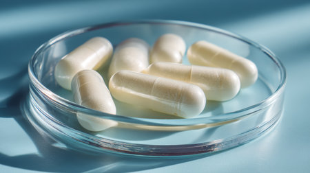 A close-up of white capsules in a petri dish, symbolizing medical research, pharmaceutical industry, and health supplements for wellness careの素材
