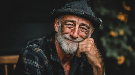 a portrait of a smiling mature man with a gray beard wearing a hat and flannel shirt looking at the camera with a warm and friendly expressionの素材