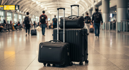a stack of black luggage sits in a busy airport terminal, ready for a journey. the scene captures the hustle and bustle of modern travelの素材