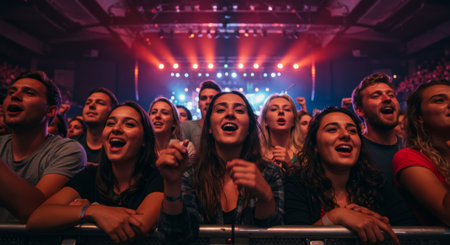 Group of young people having fun at a live concert in a nightclub.の素材