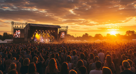 Crowd at a music festival in front of a bright orange sunsetの素材