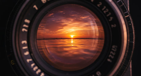 Photograph of a beautiful sunset over the sea with a camera lensの素材