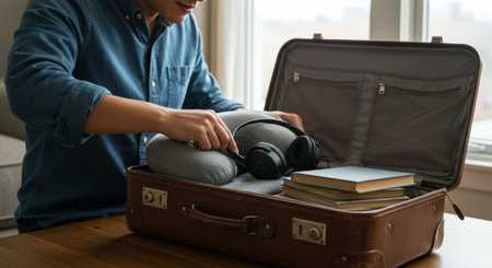 A man packing a brown suitcase with travel pillow, headphones and books for a trip. He is preparing for a comfortable and relaxing journey.の素材
