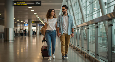 A happy couple walks hand in hand through an airport terminal with luggage, ready for their vacation travel journey together. They look excited.の素材