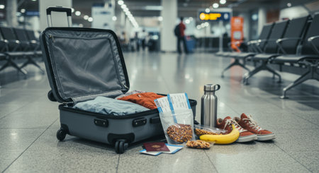 open suitcase at airport with travel essentials like clothes, snacks, passport, water bottle, and shoes. Ready for vacation and adventure ahead.の素材