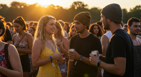 a vibrant outdoor music festival at sunset, capturing the energy of the crowd enjoying live music, drinks and the summer atmosphere. Fun and excitementの素材
