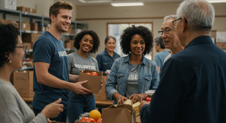 A group of diverse volunteers packing food boxes at a food bank for charity. They are smiling and working together to support the community.の素材