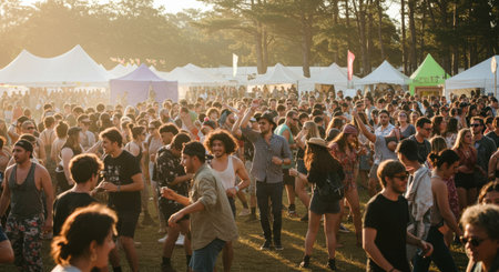 A vibrant outdoor music festival scene with a large crowd of people enjoying the live performance under the sun with tents and a stage in the background.の素材