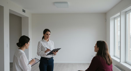 real estate agents show property to a client. they discuss the investment opportunity of home buying in a bright, modern interior space.の素材