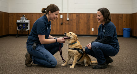 Two trainers work with a labrador retriever, preparing it for its role as an assistance animal. They are in an indoor training facility.の素材