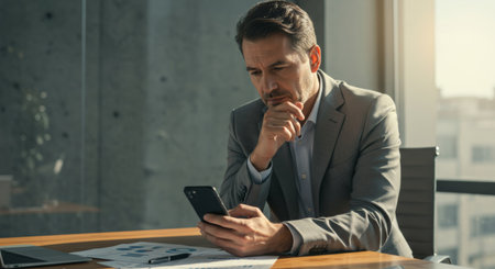A businessman in a suit uses his smartphone in a modern office, analyzing data for financial planning and business communication today.の素材