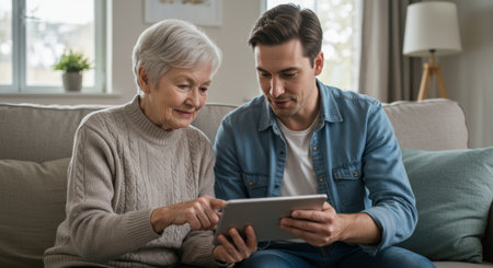 Grandson helps grandmother use a tablet. They are on the couch in the living room. He is teaching her about technology for seniors. Family time.の素材