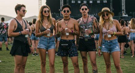 group of friends enjoying a music festival, showcasing summer fashion and concert style, creating a vibrant and energetic atmosphere at the eventの素材