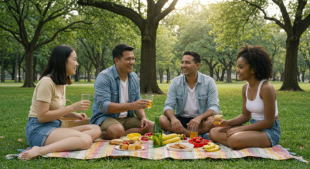 a group of friends enjoying a picnic in the park on a sunny day. they are sitting on a blanket, eating food, drinking, and having a good time together.の素材