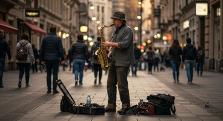 a street musician plays his saxophone on a busy city street, entertaining passersby with his music and adding to the vibrant atmosphere around himの素材