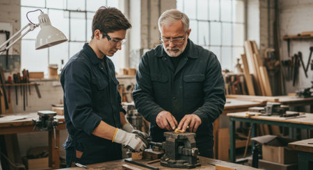 a senior carpenter teaches a young apprentice woodworking techniques in a workshop. skills and knowledge are passed down through generations.の素材