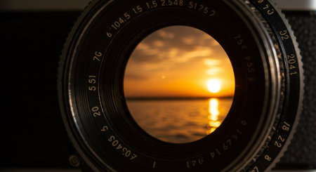 a close up shot of a camera lens capturing a beautiful sunset over the ocean, creating a warm and inviting golden hour scene. Photographyviewの素材
