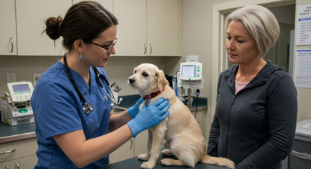 a vet checks a labrador puppy with its owner in a clinic. the vet wears blue gloves and a stethoscope. the puppy is on a table for examinationの素材