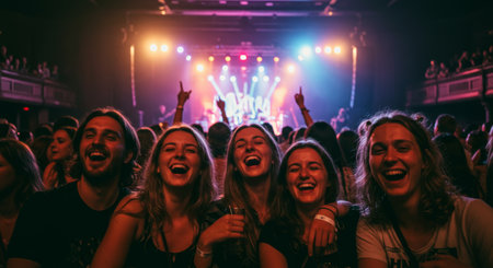 A vibrant concert scene with an excited crowd. They are cheering and dancing, enjoying the live music and performance under bright stage lights.の素材