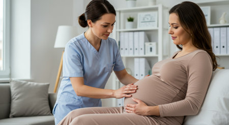 A doctor provides prenatal care by examining a pregnant woman's belly, ensuring a healthy pregnancy and childbirth in a comfortable, indoor setting.の素材