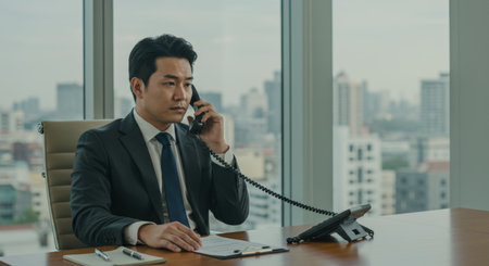 a focused asian businessman in a suit is talking on the phone in his office with a city view. he is professional and corporate. great stock photoの素材