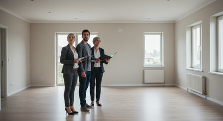 a couple tours a new apartment with real estate agents, discussing property investment and the opportunity for sale or rent, in a modern space.の素材