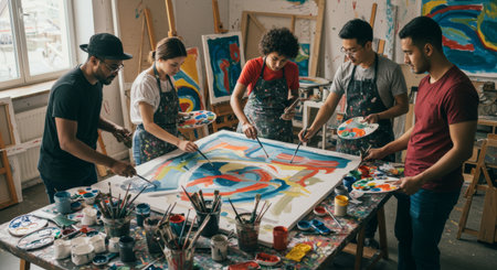 A diverse group of artists collaborates on a large abstract painting in a bright studio. They are using brushes and palettes to create a vibrant artwork.の素材