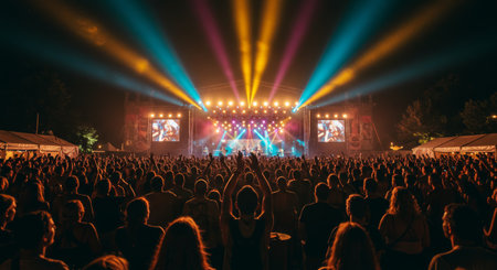immerse yourself in the electrifying atmosphere of a live music concert. experience the thrill of the crowd and the vibrant stage lights at a music festivalの素材