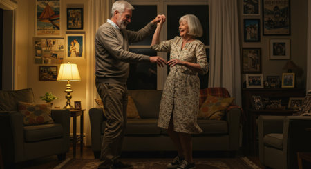 A happy senior couple dances in their cozy living room, celebrating their love and retirement together in the warm evening light. So sweet! 130の素材
