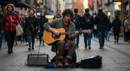 A street performer plays guitar on a city sidewalk, entertaining pedestrians with live music. The urban scene captures the essence of street entertainment.の素材