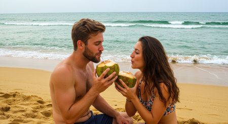 romantic couple enjoying coconut drinks on a beautiful sandy beach. perfect for vacation, travel, or summer themed content. idyllic getaway sceneの素材