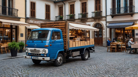 a vintage blue food truck sits in a charming European city square, ready to cater an event with its mobile business and street food offeringsの素材