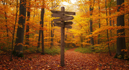 A wooden signpost stands in a vibrant autumn forest, directing travelers along a leaf-strewn path. A scenic landscape for exploration and adventureの素材